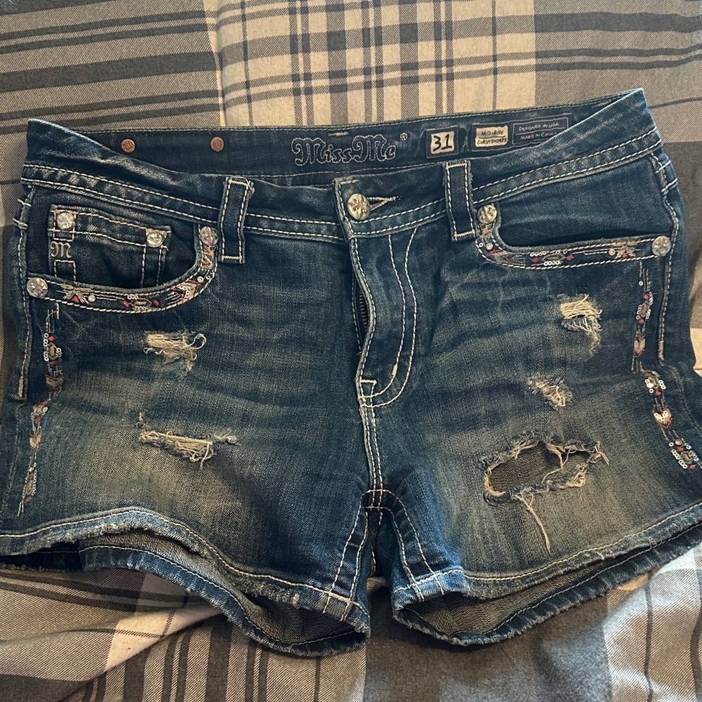 Miss Me Distressed Jean Shorts with Embellishments